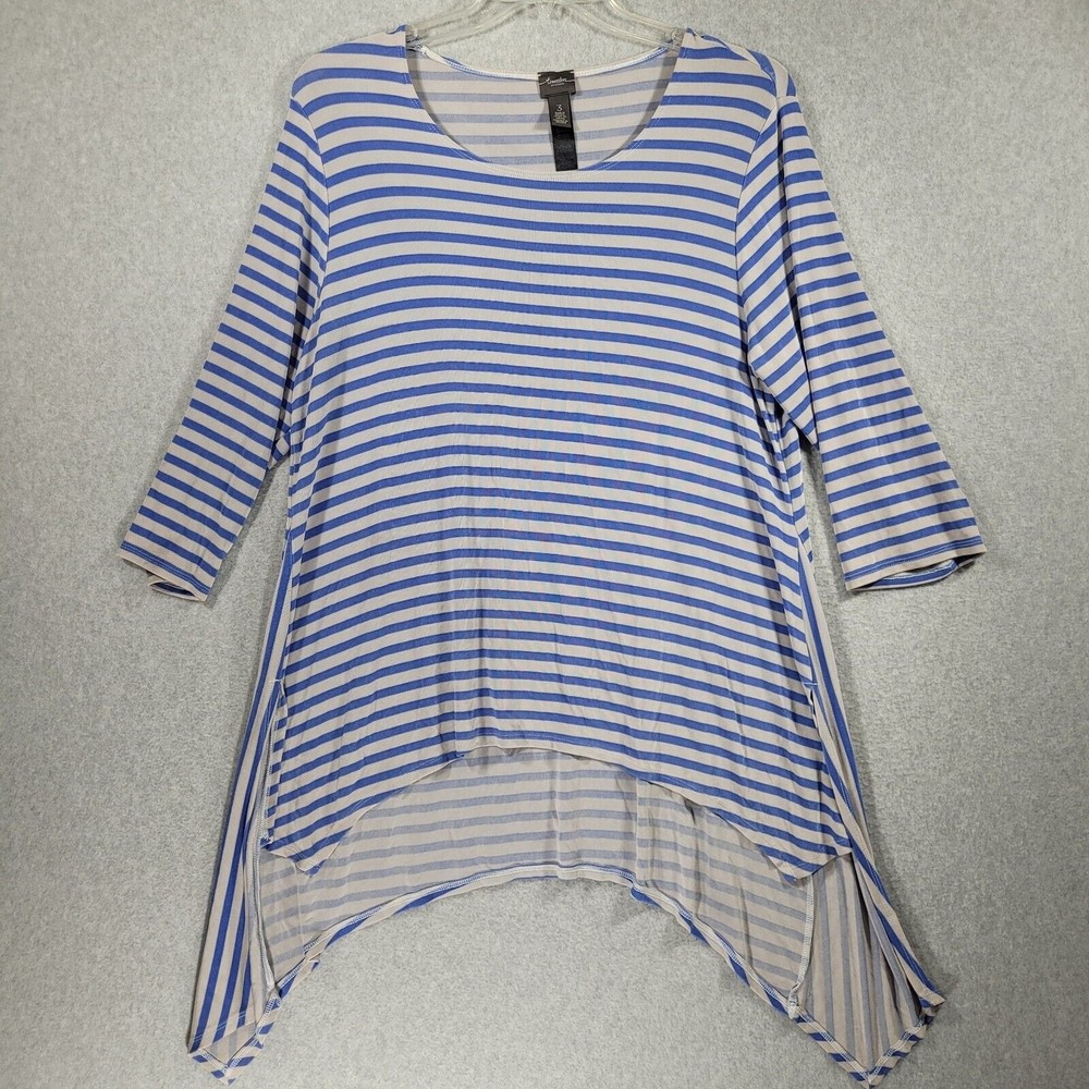 Travelers by Chico's Tunic Womens 3 XL Blue Grey Striped Slinky Sharkbite Hem